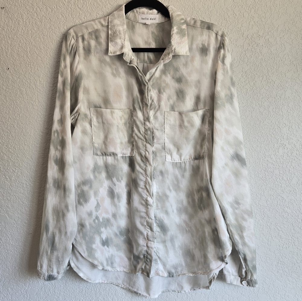 Bella Dahl Gray Tie Dye Tencel Button Down Shirt Long Sleeve Pockets Size L